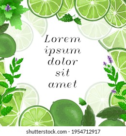 Lime and mint banner design template. Hand drawn vector illustration of lime slices and mint sprig. Banner in cartoon style. Stock vector illustration.