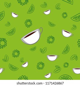 Lime , mint, cup and chamomile on green background vector pattern.