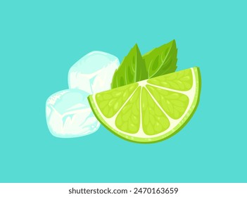 Lime, mint and ice cubes isolated on blue background. Vector cartoon illustration.