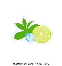 lime, mint and ice set. concept of a sweet colorful food, fruit, cool drinks, lemonade or mojito, decoration for packaging, paper, sticker, label for kitchen and cooking. simple juicy signs on white