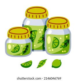 Lime and mint jam. Jar of green fruit syrup. Glass kitchen utensils. Flat cartoon illustration isolated on white background