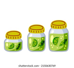 Lime and mint jam. Jar of green fruit syrup. Glass kitchen utensils. Flat cartoon illustration isolated on white background