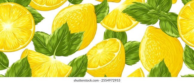 Lime, mint leaves seamless border on white background. Vector cartoon illustration. Horizontal endless banner with summer citrus fruit print. Fresh lemonade, cocktail, tonic ornament