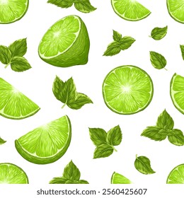 Lime, mint leaves seamless pattern on white background. Vector cartoon illustration. Bright summer citrus fruit print. Fresh lemonade, cocktail, tonic ornament for bar, restaurants, textile, decor