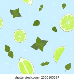 Lime mint mojito pattern. Summer fruits textured. Hand drawn organic vector illustration