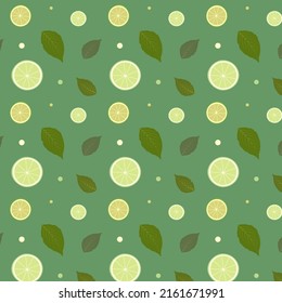 Lime and mint pattern. Lime slices and mint leaves on green background