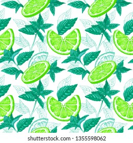 Lime and mint seamless pattern. Ink sketch lemons, ginger, mint. Citrus fruit background. Elements for menu, greeting cards, wrapping paper, cosmetics packaging, posters etc