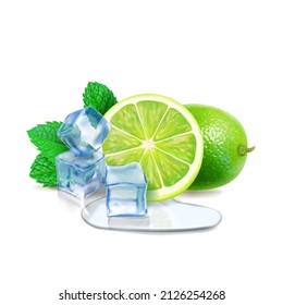 Lime with mint or tea leaves and ice cube ssliced lime, leaves, puddle water 3d realistic.