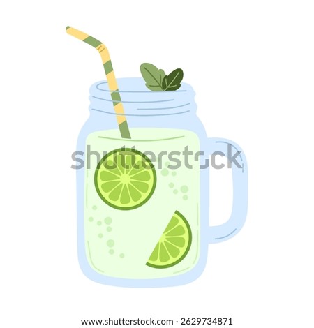 Lime mojito vector illustration in glass mason jar with mint leaves, lime slices, bubbles, and striped straw, ideal for tropical cocktail menu, refreshing summer beverage design, citrus drink recipe.