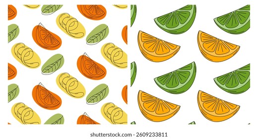 Lime Orange Lemon rind Citrus Seamless Pattern Outline on Colorful spot and Trendy Pop art Backdrops