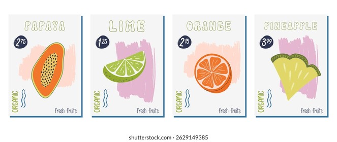 Lime, orange, papaya, pineapple. Vibrant colors fruits posters set. Cute vintage cards, posters, price tags. Hand drawn flat design vector illustrations.
