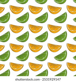 Lime and orange slice Seamless pattern in trendy green and orange. Isolated on white Background idea