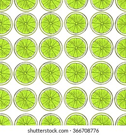 Lime pattern. Seamless decorative background with lime slices. Colorful summer fruit vector illustration on white background.