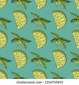 Lime and peppermint pattern.Summer fresh fruit seamless texture. Lime, peppermint on blue background.