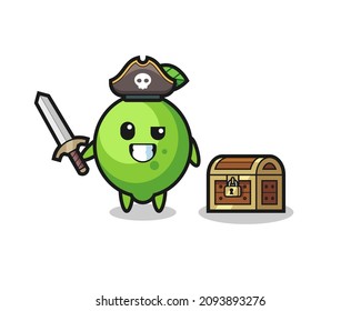 the lime pirate character holding sword beside a treasure box , cute style design for t shirt, sticker, logo element