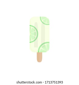 Lime popsicle vector illustration. Ice lolly with lime citrus flavor fruit on stick. Summer sweet frozen dessert. Isolated.