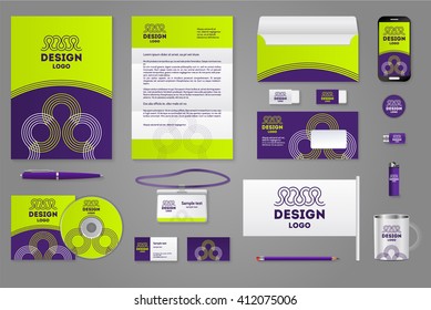 Lime and purple design. Circular elements. Corporate identity branding template. Business documentation. Business stationery mock-up with logo. Pen and pencil, phone, document, badge, letter, envelope