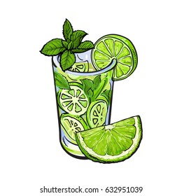 Lime quarter, piece and glass of freshly squeezed juice, mojito, cocktail with ice and mint, sketch vector illustration isolated on white background. Hand drawn glass of lime juice and lime quarter