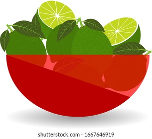 Lime in a red transparent bowl. Vector graphic illustration with shadow.
