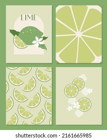 Lime. Retro card with fruits. 90s 80s 70s groovy posters. Modern trendy vintage print. Set of seamless patterns, compozitions, colored background. Vector illustration.