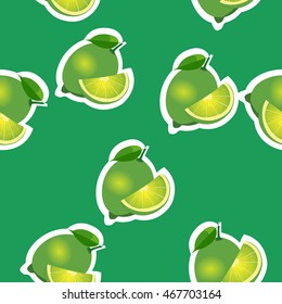 Lime same sizes sticker green background. Pattern with lemon and leaves and slices.