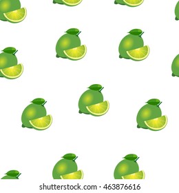 Lime same sizes stickers on white background. Pattern with lime and leaves and slices.