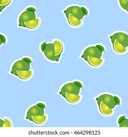 Lime same sizes stickers on blue background. Pattern with lime and leaves with slices.