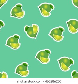 Lime same sizes stickers on turquoise background. Pattern with lime and leaves with slices.
