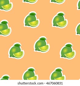 Lime same sizes stickers on orange background. Pattern with lime and leaves and slices.