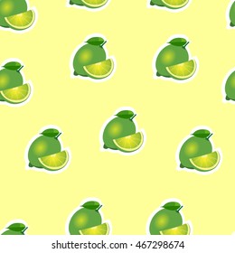 Lime same sizes stickers on yellow background. Pattern with lime and leaves and slices.