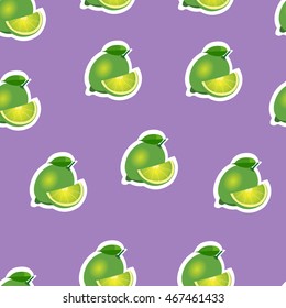 Lime same sizes stickers on purple background. Pattern with lime and leaves and slices.