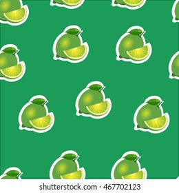 Lime same sizes stickers on green background. Pattern with lime and leaves and slices.