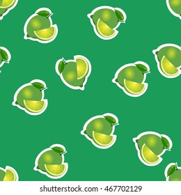 Lime same sizes stickers on green background. Pattern with lime and leaves with slices.