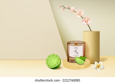 Lime Scented Soy Wax Candle Aromatherapy Concept Background Place for Text. Vector illustration of Citrus Kaffir Fragrance