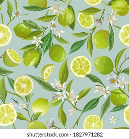 Lime Seamless Pattern. Citrus Fruit Vector Illustration Background. Floral Vintage Romantic Garden Print, Texture, Wallpaper, Backdrop, Textile. Flowers, Leaves, Limes, Lemons Design Elements