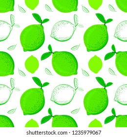 Lime seamless pattern. Colorful sketch limes. Citrus fruit background. Elements for menu, greeting cards, wrapping paper, cosmetics packaging, posters etc