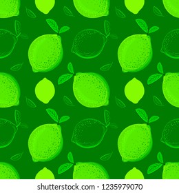 Lime seamless pattern. Colorful sketch limes. Citrus fruit background. Elements for menu, greeting cards, wrapping paper, cosmetics packaging, posters etc