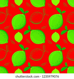 Lime seamless pattern. Colorful sketch limes. Citrus fruit background. Elements for menu, greeting cards, wrapping paper, cosmetics packaging, posters etc