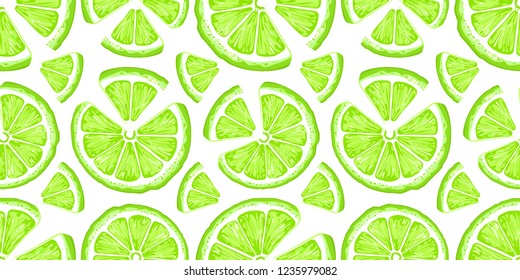 Lime seamless pattern. Colorful sketch limes. Citrus fruit background. Elements for menu, greeting cards, wrapping paper, cosmetics packaging, posters etc