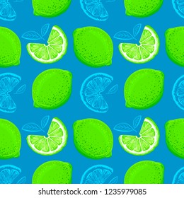 Lime seamless pattern. Colorful sketch limes. Citrus fruit background. Elements for menu, greeting cards, wrapping paper, cosmetics packaging, posters etc