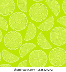 Lime seamless pattern. Colorful sketch limes. Citrus fruit on a green background. Elements for menu, greeting cards, wrapping paper, cosmetics packaging, posters etc