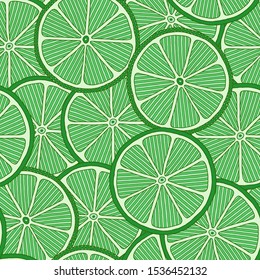 Lime seamless pattern. Colorful sketch limes. Citrus fruit on a green background. Elements for menu, greeting cards, wrapping paper, cosmetics packaging, posters etc