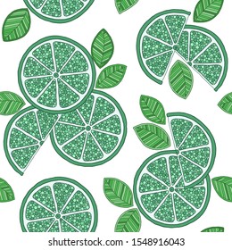 Lime seamless pattern. Colorful sketch limes. Citrus fruit on a green background. Elements for menu, greeting cards, wrapping paper, cosmetics packaging, posters etc