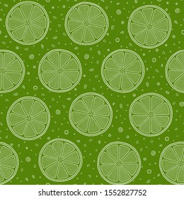 Lime seamless pattern. Colorful sketch limes. Citrus fruit on a green background. Elements for menu, greeting cards, wrapping paper, cosmetics packaging, posters etc
