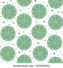 Lime seamless pattern. Colorful sketch limes. Citrus fruit on a green background. Elements for menu, greeting cards, wrapping paper, cosmetics packaging, posters etc