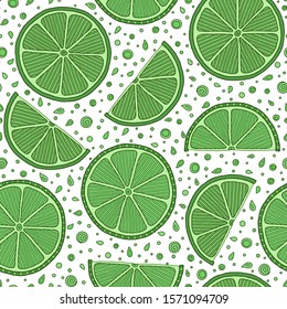 Lime seamless pattern. Colorful sketch limes. Citrus fruit on a green background. Elements for menu, greeting cards, wrapping paper, cosmetics packaging, posters etc