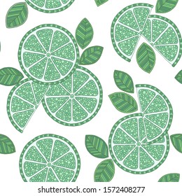 Lime-nahtloses Muster. Farbige Skizze. Zitrusfrüchte auf grünem Hintergrund. Elemente für Speisekarte, Grußkarten, Verpackungspapier, Kosmetikverpackungen, Plakate usw.