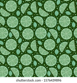 Lime seamless pattern. Colorful sketch limes. Citrus fruit on a green background. Elements for menu, greeting cards, wrapping paper, cosmetics packaging, posters etc