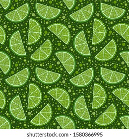 Lime seamless pattern. Colorful sketch limes. Citrus fruit on a green background. Elements for menu, greeting cards, wrapping paper, cosmetics packaging, posters etc