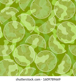 Lime seamless pattern. Colorful sketch limes. Citrus fruit on a green background. Elements for menu, greeting cards, wrapping paper, cosmetics packaging, posters etc